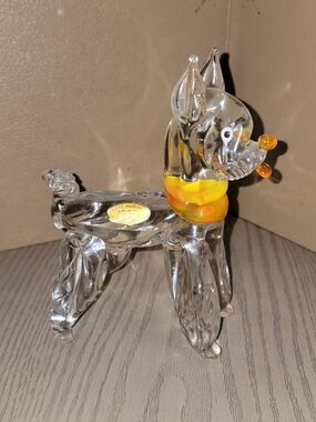 Murano  Clear Glass Dog Figurine with Yellow Collar 6x7"